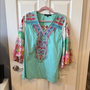 Calessa Aqua and Pink Embroidered Tunic
